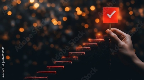Obraz A professional's hand presenting a checkmark on a digital interface, with stair graphics and a red flag icon, representing the achievement of business goals on a dark backdrop