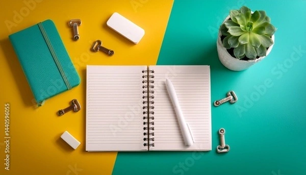 Obraz colorful desk with notebook key takeaways white pen plant and eraser