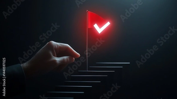 Obraz A professional's hand presenting a checkmark on a digital interface, with stair graphics and a red flag icon, representing the achievement of business goals on a dark backdrop