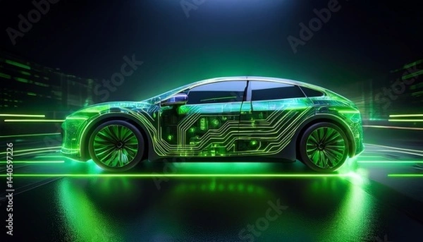 Obraz electric circuitry car a sleek electric car illuminated with vibrant green circuitry highlighting its advanced technology and eco friendly design creating a futuristic and innovative image