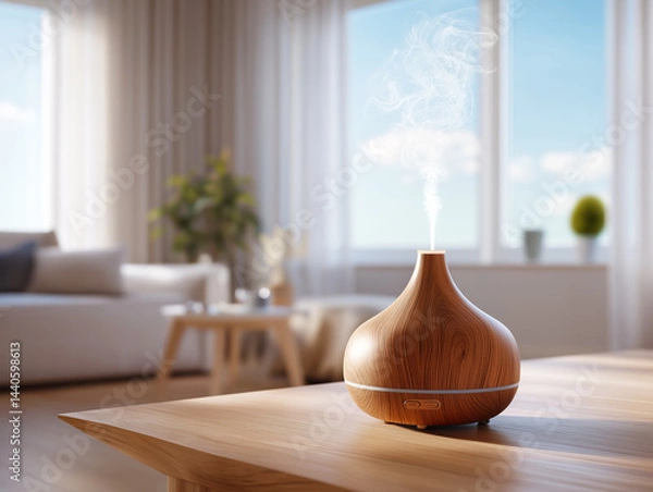 Obraz Aromatherapy wooden diffuser stands on a table in a bright room 