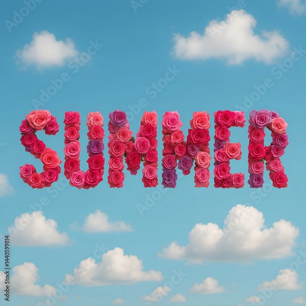 Fototapeta summer template with word summer from roses on sky background, summer flower arrangement