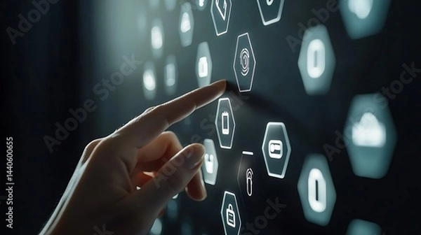 Obraz A professionala??s hand touching a digital interface showcasing hexagonal icons for customer service, with a finger pointing at a phone outline on a dark backdrop