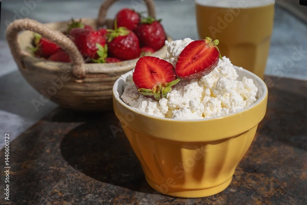 Fototapeta Fresh strawberry curd cheese, served in a yellow bowl along with a bowl of fresh strawberries. Healthy Breakfast
