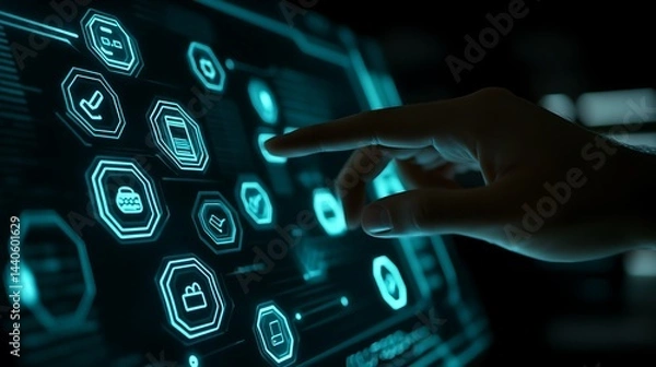 Obraz A professionala??s hand touching a digital interface showcasing hexagonal icons for customer service, with a finger pointing at a phone outline on a dark backdrop