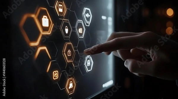Obraz A professional's hand touching a digital interface featuring hexagonal icons for customer service, with a finger pointing at a phone symbol on a dark backdrop
