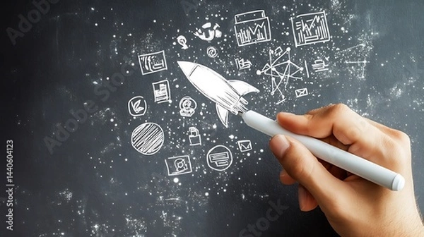 Obraz A professional's hand using a white pen to draw a rocket and business icons in holographic form on a grey backdrop, symbolizing the vision for a global online network