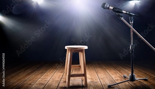 Obraz microphone and wooden stool on a stand up comedy stage with reflectors ray high contrast image