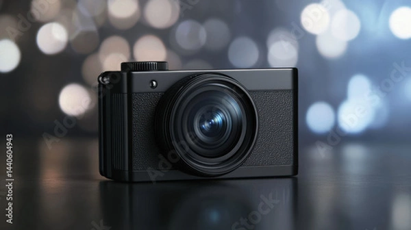 Obraz Modern Black Camera on Table with Bokeh Background and Bright Lights