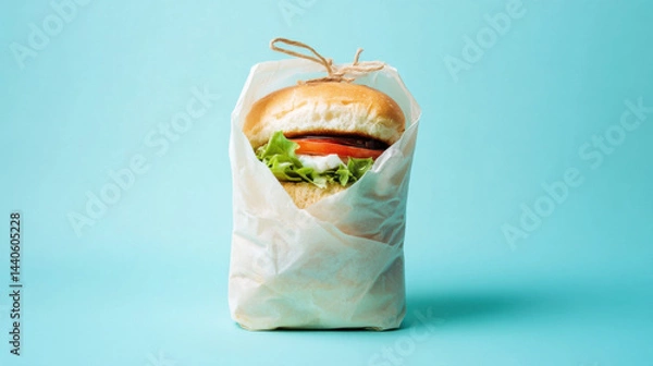 Obraz Fresh and Delicious Hamburger Wrapped in Paper on Blue Background