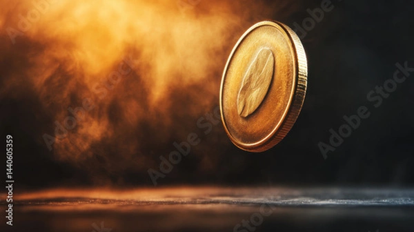 Obraz Golden Coin in Mid-Air with Dramatic Lighting and Smoke Effects