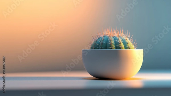 Obraz Cactus in White Bowl with Warm Sunset Light Reflection