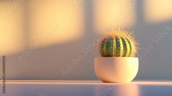 Obraz Brightly Lit Cactus in Minimalist White Pot on a Soft Surface
