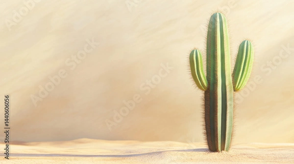 Obraz Tall Green Cactus Standing Alone on Sandy Desert Background