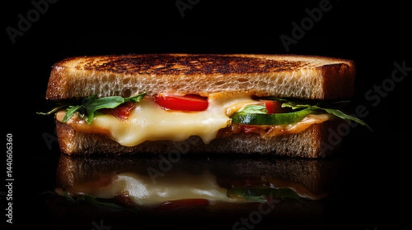Obraz Grilled Cheese Sandwich with Fresh Vegetables on Black Background