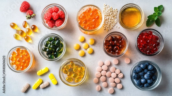 Obraz Colorful Arrangement of Supplements and Fruits on a Grey Background