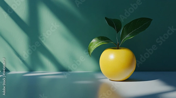 Obraz Bright Yellow Apple with Leaves Against Soft Green Background