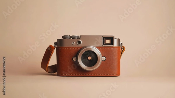 Obraz Vintage Camera with Leather Case on a Soft Beige Background