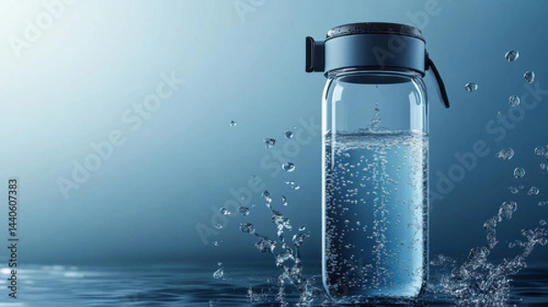 Obraz Clear Glass Jar with Water Splash on Blue Background
