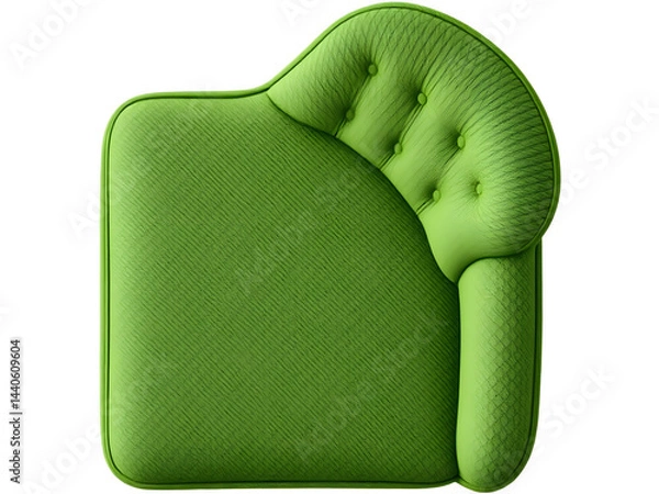 Fototapeta Top view of a vibrant green upholstered armchair, showcasing its tufted backrest and unique curved design. Perfect for adding a pop of color to any room.
