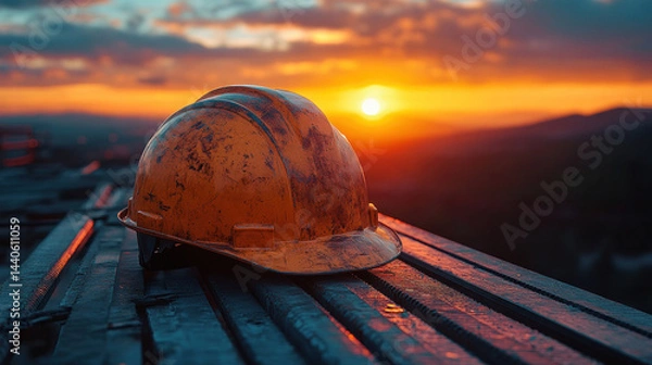 Obraz helmet on steel beam casting long shadow during golden hour