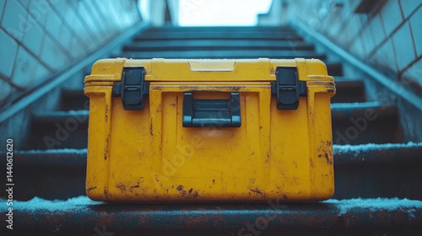 Obraz toolbox falling down stairwell causing injury, slow-motion effect