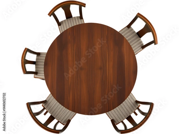 Fototapeta Overhead view of a round wooden dining table with four chairs.  Rich wood tones and neutral fabric create a warm atmosphere.