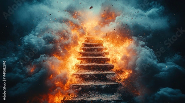 Obraz unsafe ladder causing fall accident, tools flying in dramatic composition