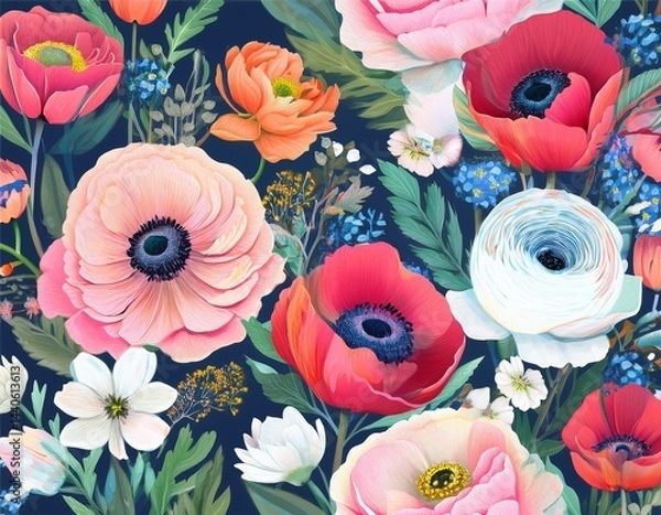 Obraz painterly floral print with peonies ranunculus anemones and poppies watercolor technique