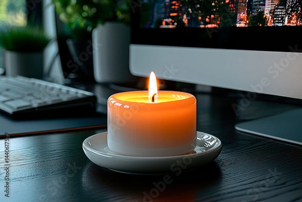Obraz Blackout concept, A white burning candle in close-up on a desk against a computer out of focus in black background