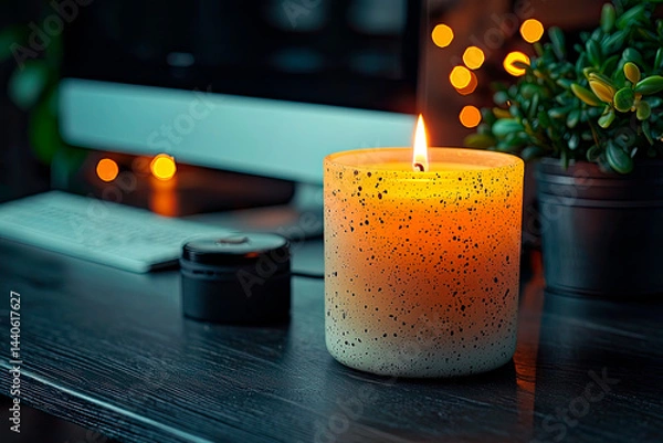 Obraz Blackout concept, A white burning candle in close-up on a desk against a computer out of focus in black background