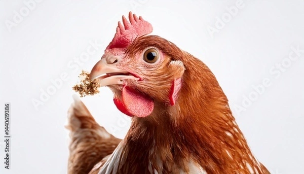 Obraz close up chicken hen eating something isolated white background