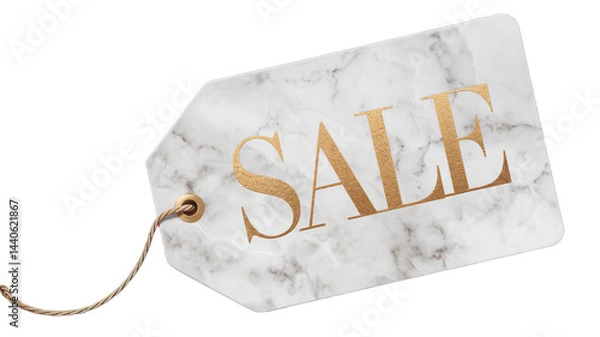 Fototapeta A highly detailed and stylish vector icon of a minimalist white marble sale tag with gold typography