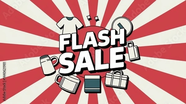 Fototapeta A highly detailed and stylish vector icon of a Japanese flash sale banner with red and white rising sun background