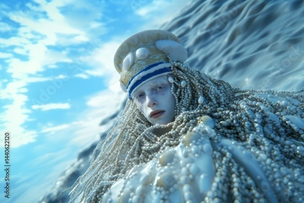Fototapeta A person wrapped in ropes and pearls, with the open sea in the background, creating a mysterious and ethereal atmosphere.