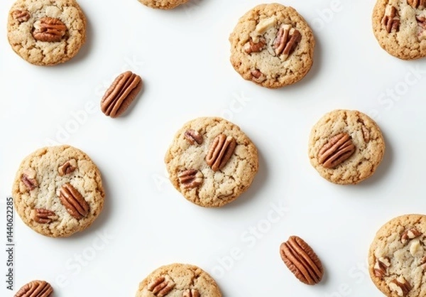 Obraz Deliciously baked nut cookies scattered on a clean surface with hints of pecans and a soft golden-brown texture, perfect for dessert lovers and bakers alike