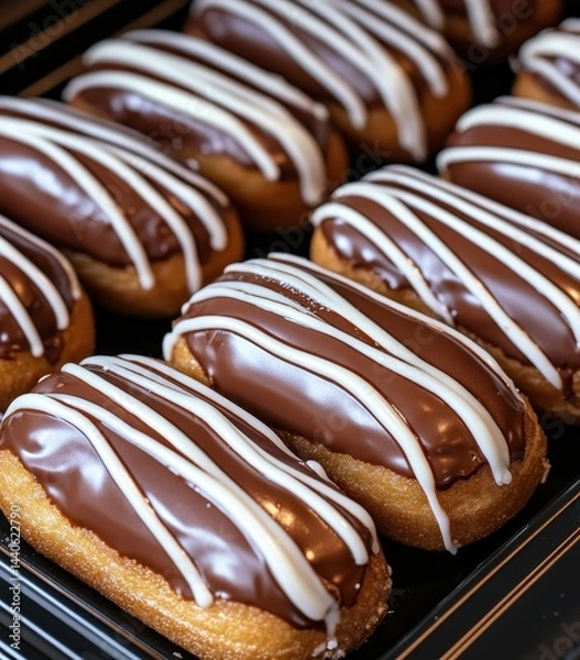 Obraz Deliciously Crafted Chocolate Eclairs with White Icing on a Dark Surface in a Well-Lit Bakery Setting