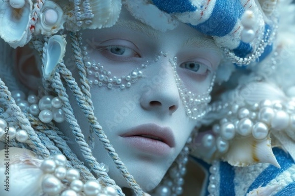 Fototapeta A male model with pale blue skin and white hair, wearing an extravagant outfit made of shells and pearls.