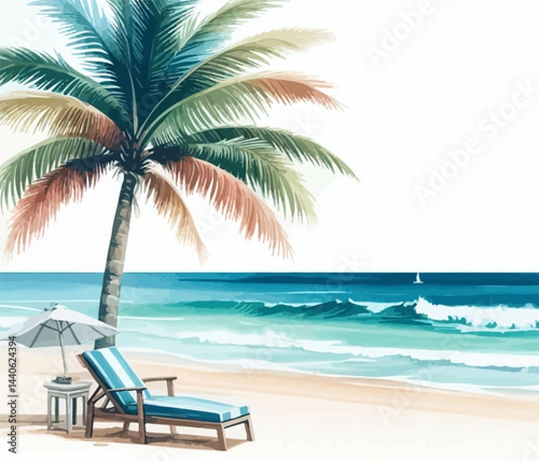 Fototapeta Tropical sandy beach with beach chair .Ocean beach landscape . Holiday and summer vacation concept . Vector seascape with palm trees. Seashore background.