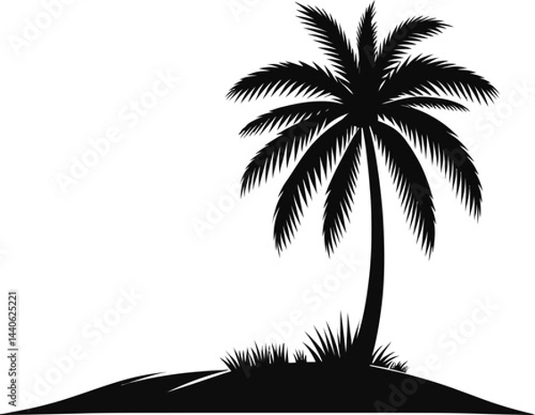 Fototapeta Palm tree black outline icon.Tropical sandy beach .Ocean beach landscape flat black icon . Holiday and summer vacation concept . Vector seascape with palm trees. Seashore background.
