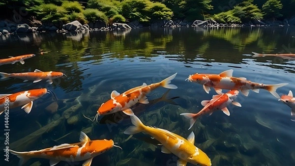 Fototapeta Koi Fish Swimming in Pond Below Mount Fuji