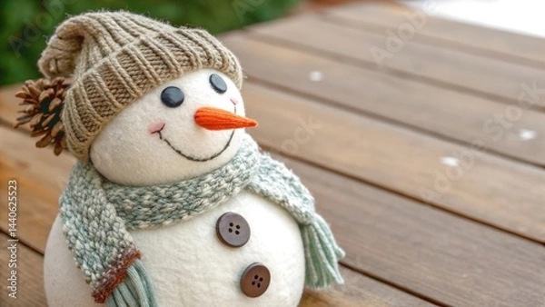 Fototapeta A cheerful snowman with a knitted hat and scarf sits on a wooden table outdoors, smiling with button eyes and a carrot nose.