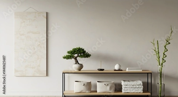 Fototapeta Serene minimalist living room with a bonsai tree, bamboo, and neutral decor.  A calming and peaceful atmosphere.