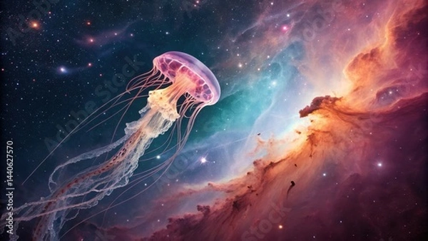Fototapeta A luminescent jellyfish floats through a colorful cosmic nebula, blending marine life with a surreal outer space scene.