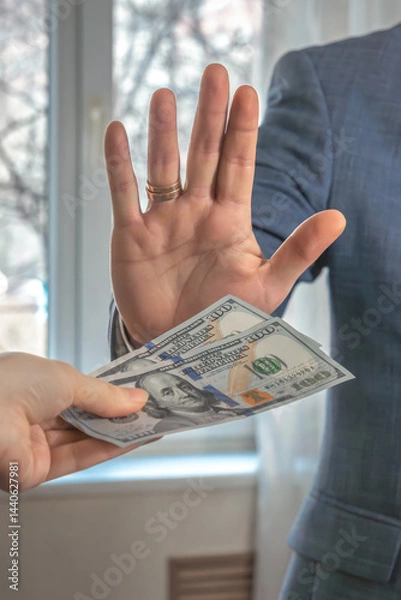 Obraz Man in a suit puts his palm forward and refuses to take dollar bills. Refusal of a bribe.