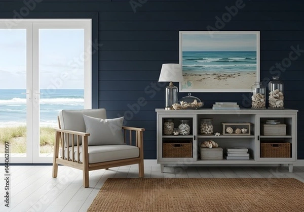 Fototapeta Coastal living room with a light grey armchair, a  grey cabinet filled with seashells, and a view of the ocean.