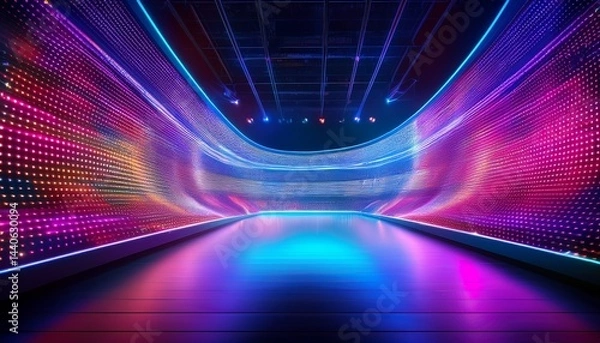 Obraz authentic concave led display for a wall or platform large tv display depicted in a illustration with neon blue and purple dot lights stadium digital scoreboard with diode lights