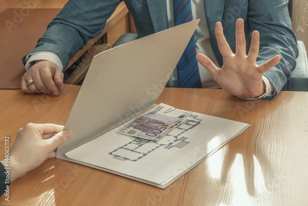 Obraz Man puts his hand forward and refuses to take a folder with documents and attached Euro banknotes offered to him as a bribe. Corruption