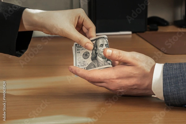 Obraz Passing dollar bills from one hand to another against the background of an office desk. Close-up. Give a bribe. Corruption