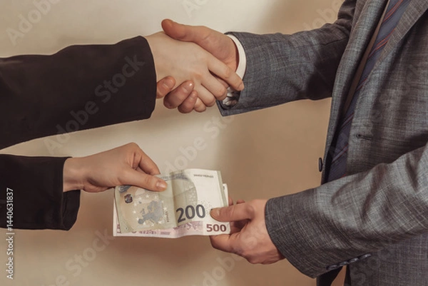 Obraz Handshake with euro banknotes being passed from one hand to the other. Bribe. Corruption.